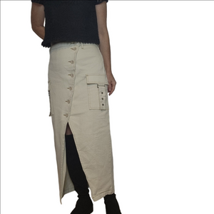 Cargo maxi skirt Beige Button-Front Large pockets metal hardware Cotton VENUS